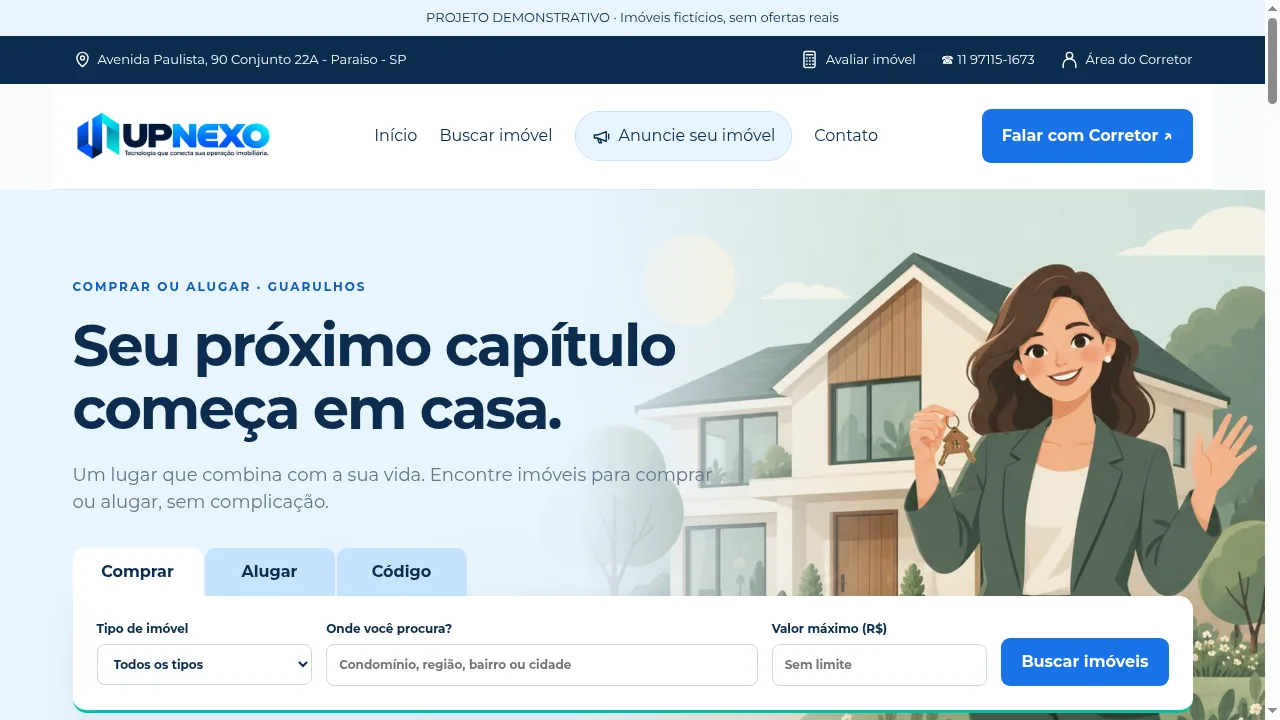 Site público do UpNexo em ambiente de demonstração